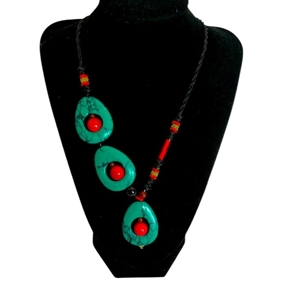 African inspired bohemian beaded statement necklace turquoise, red and black - Picture 6 of 6